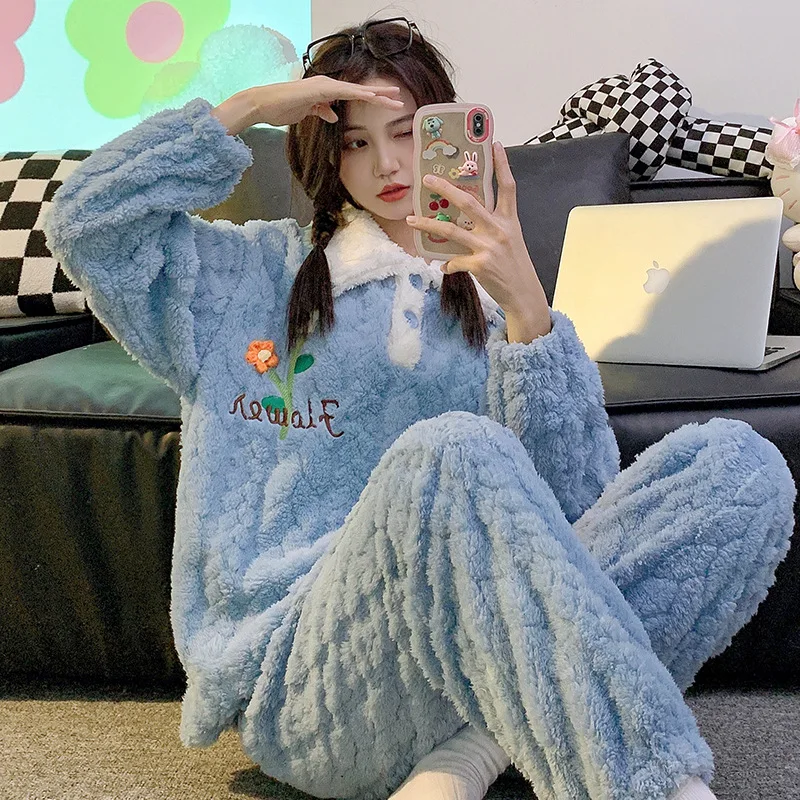 

Новая плюшевая мягкая Пижама, Женский Зимний пуловер с отворотом, стильная верхняя одежда принцессы, комплект домашней одежды