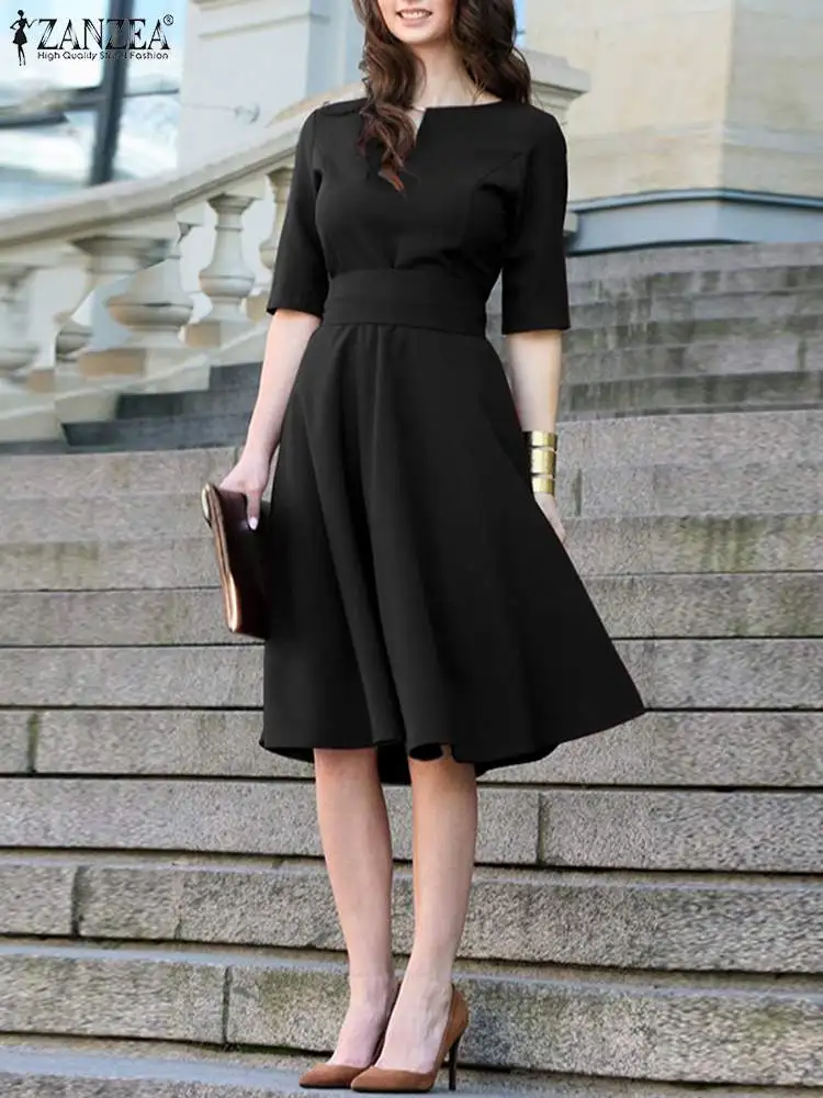 

ZANZEA Elegant Summer Women Half Sleeve Sundress Fashion Solid A-line Party Work Vestidos Robe Femme Knee-length Dress Kaftan