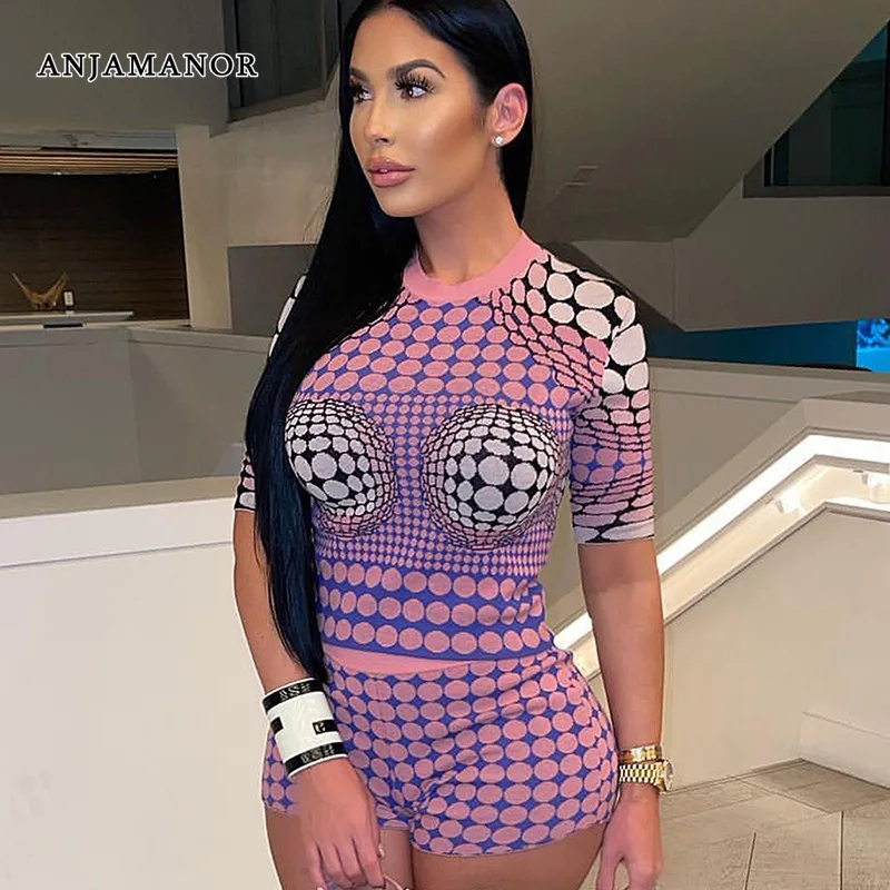 

ANJAMANOR 3D Print Vacation Two Piece Set Half Sleeve Crop Top and Shorts Matching Sets Womens Clubbing Outfits D96-CZ23