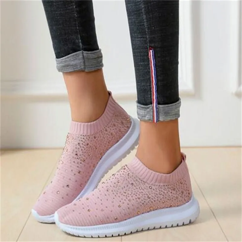 2023 Fashion Crystal Breathable Mesh Women's Sneakers Comfortable Soft Flat Shoes Plus Size 43 Non Slip Casual Shoes Women's