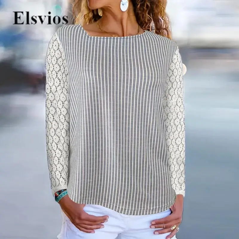 

Women Long Sleeve Striped Print Loose Pullover Top Female Casual Loose O-Neck Shirt Blouse Vintage Patchwork Hollow Out Lace Tee