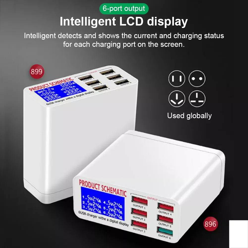 

8A QC3.0 USB Charger with LCD Display 6 Ports Desktop Mobile Phone Charger Smart Fast Charging for iphone Smart Phones Tablet PC