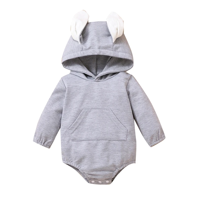 

Long Sleeve Romper For Newborn Contrast Color Rabbit Ear Hooded Bodysuit for Spring Autumn Gray Baby Clothing 0-24 Months