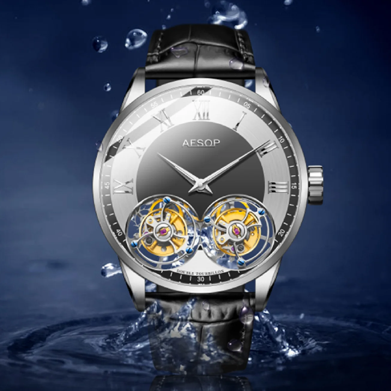 

AESOP New Double Flying Tourbillon Men's Waterproof Mechanical Watches Male Rotary Skeleton Watch For Men Luxury Wristwatches