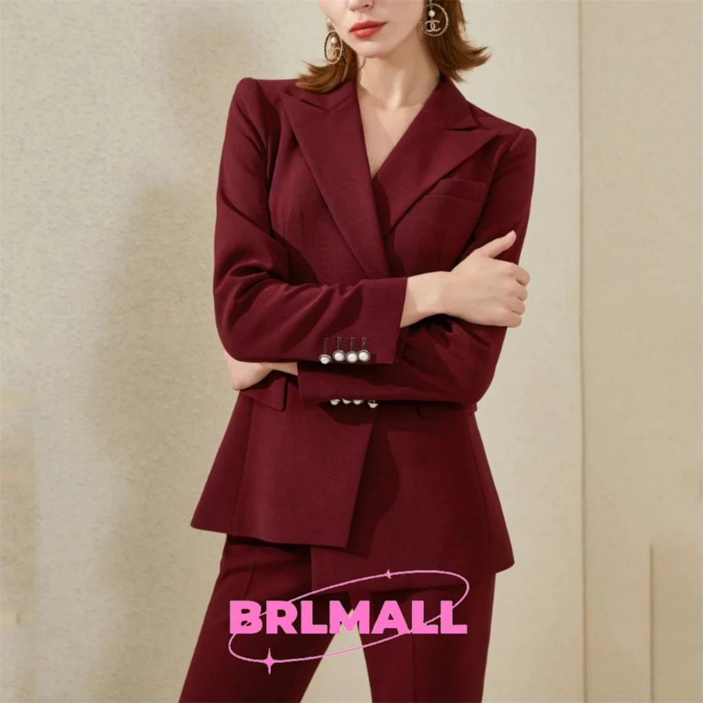 Women Maroon Suit Two Piece Custom Made Double Breasted Premium Cotton Peak Lapel Formal Wedding Bridesmaid Cocktail Bride Wear