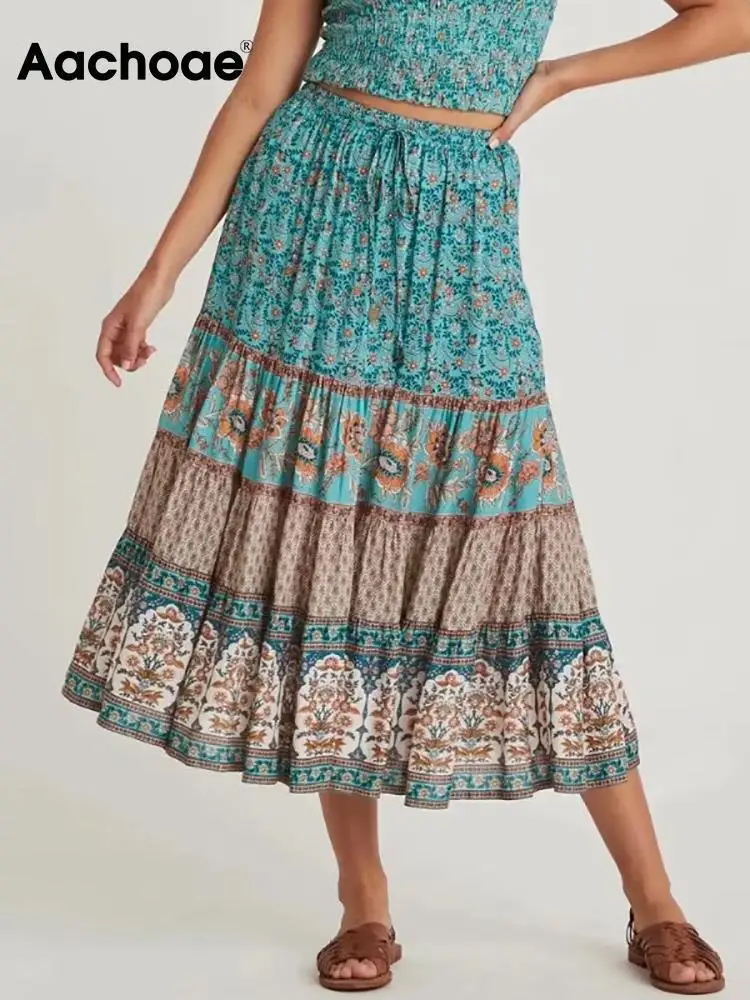 

Aachoae Boho плиссированная летняя юбка на весну и лето повседневное пляжное длинное юбки для женщин с ослабленной завышенной талией Цветочный п...