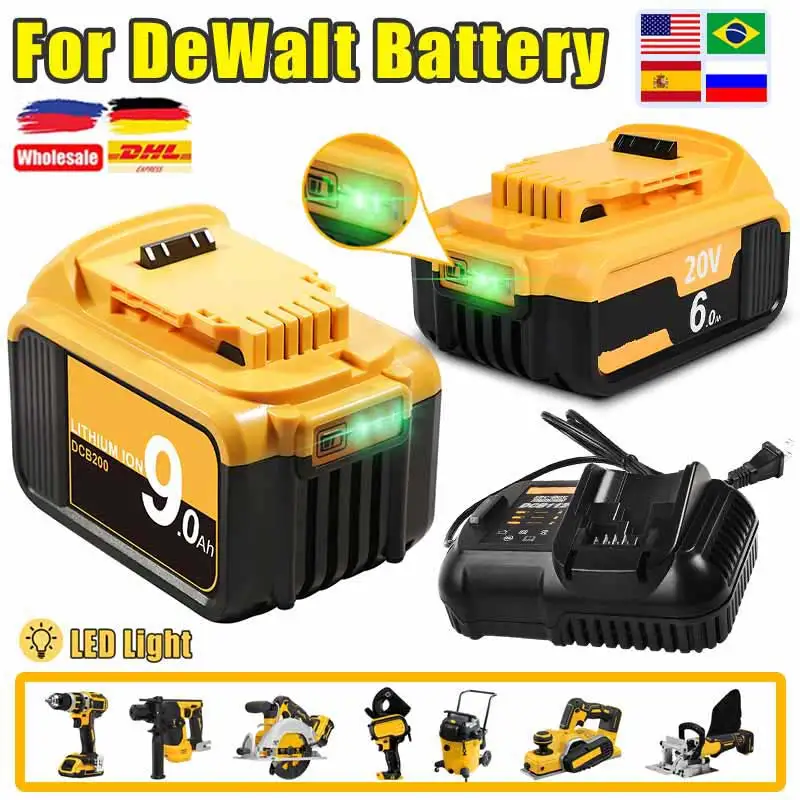 

For Dewalt DCB200 20V 3.0AH/4.0Ah/6.0Ah/9.0Ah Replacement Battery Compatible with For Dewalt 18V/20V Tools Battery+charger