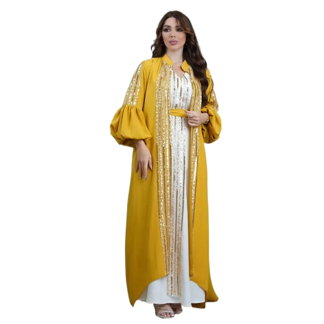 

Sequin Abaya 2 Piece Set Long Islamic Elegant Party Belt Puff Sleeve Gold Chiffon Evening Dresses Muslim Women