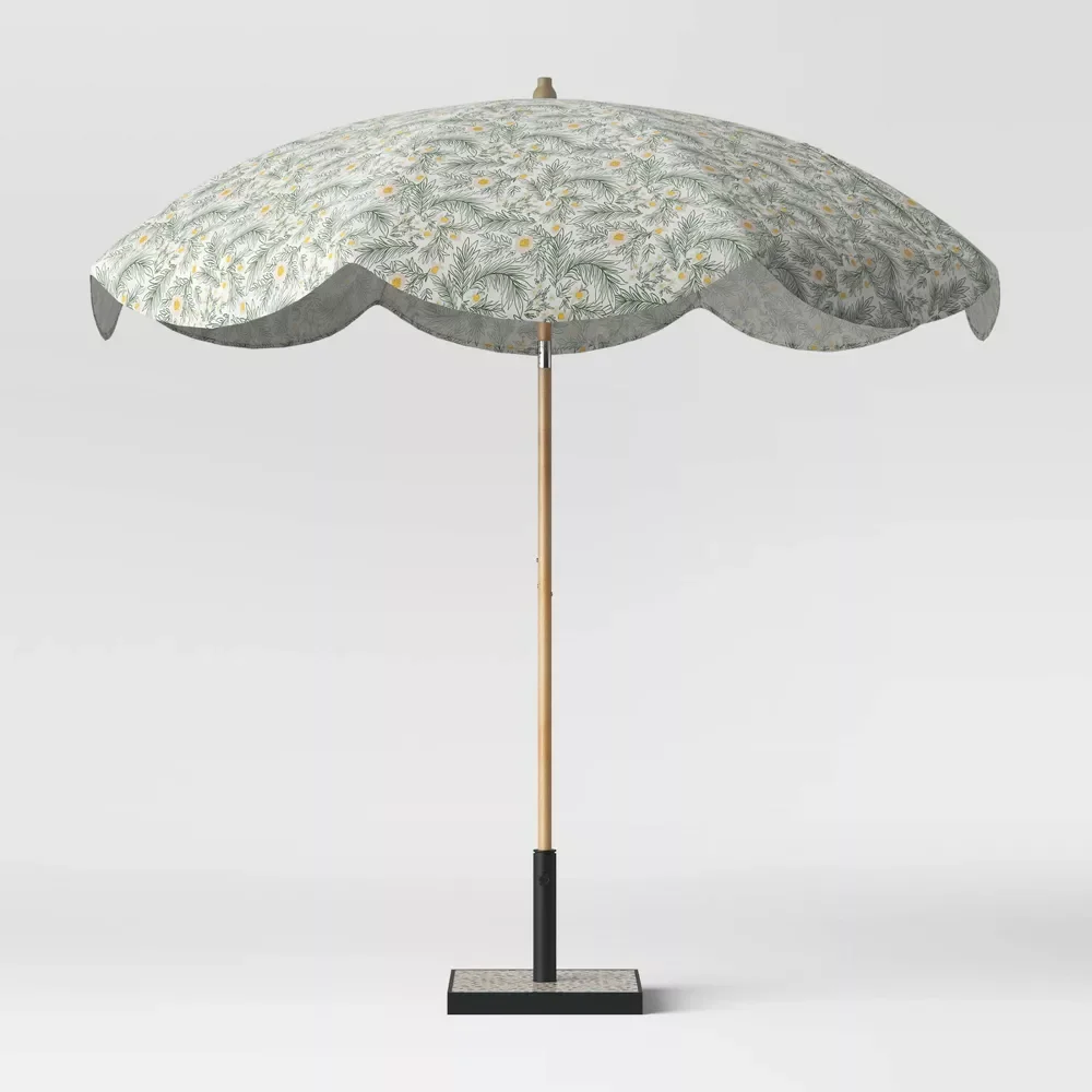 

8.5' x 8.5' Round Scalloped Spring Floral Patio Umbrella Fabric™ Green - Light Wood Pole sombrilla playa