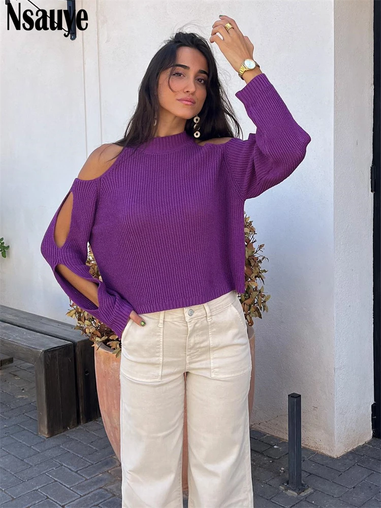 

Nsauye Casual Winter Women Pullover Y2K Knitted Sexy Club Long Sleeve Sweater Tops 2022 Off Shoulder Hollow Out Sweater Fashion