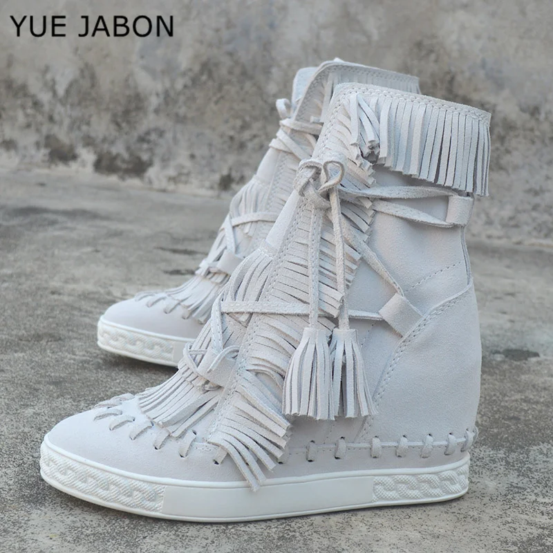 

Женские мотоциклетные ботинки на танкетке, белые ковбойские ботинки с бахромой, ботинки на танкетке, весна-осень 2023