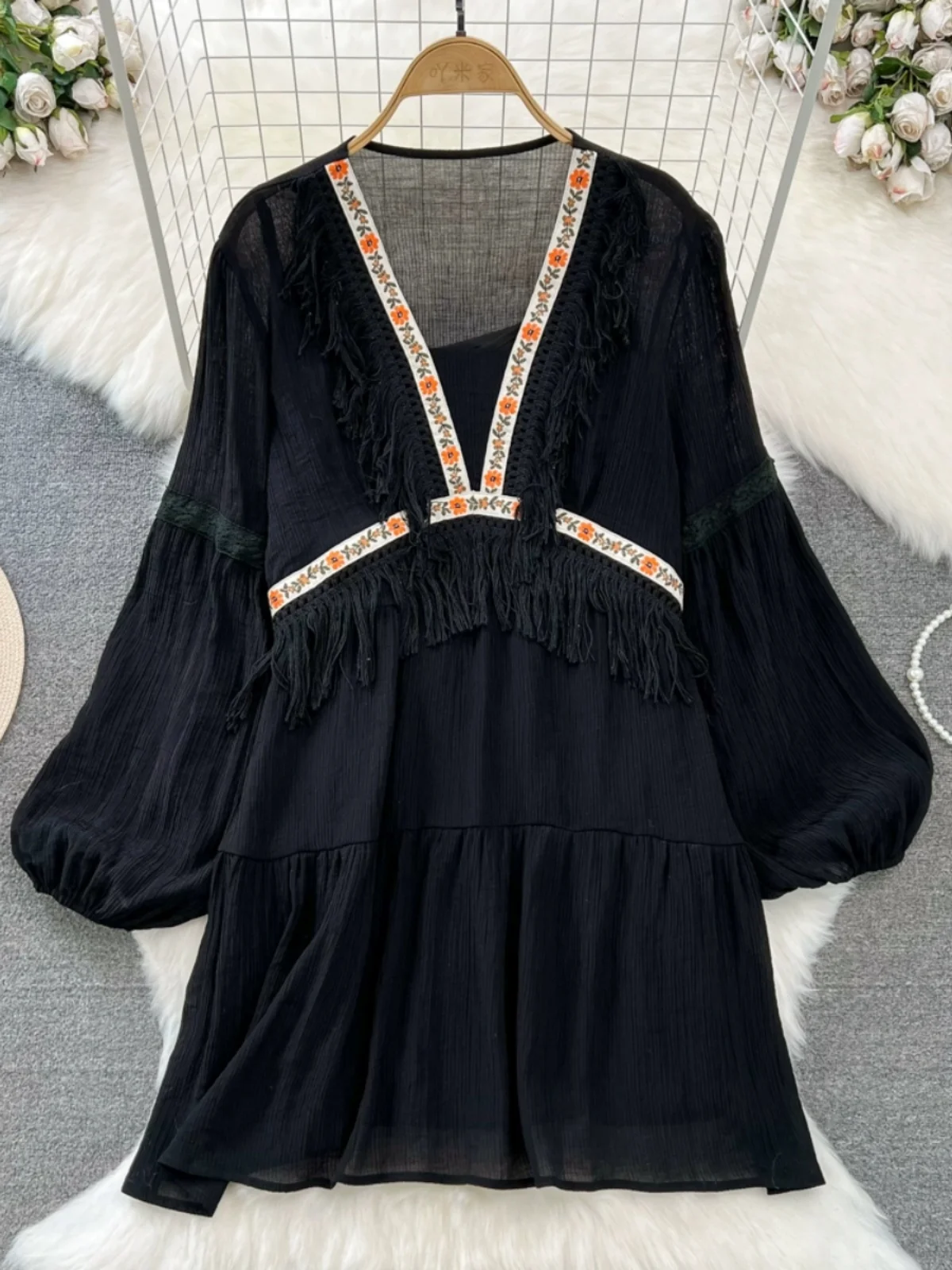 Платье с бахромой в стиле пэчворк для отпуска милое свободное платье-трапеция