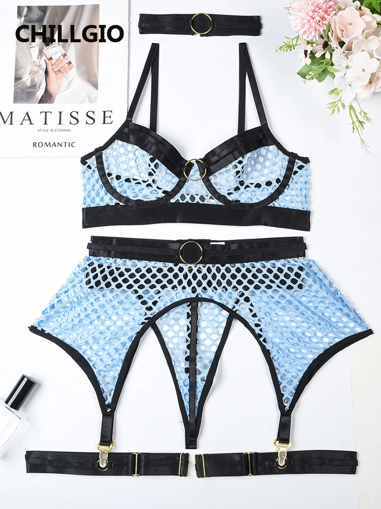 

CHILLGIO женский сетчатый полый бюстгальтер трусики костюмы пуш-ап сексуальное нижнее белье из 4 предметов модное Эротическое прозрачное интимное белье комплекты нижнего белья
