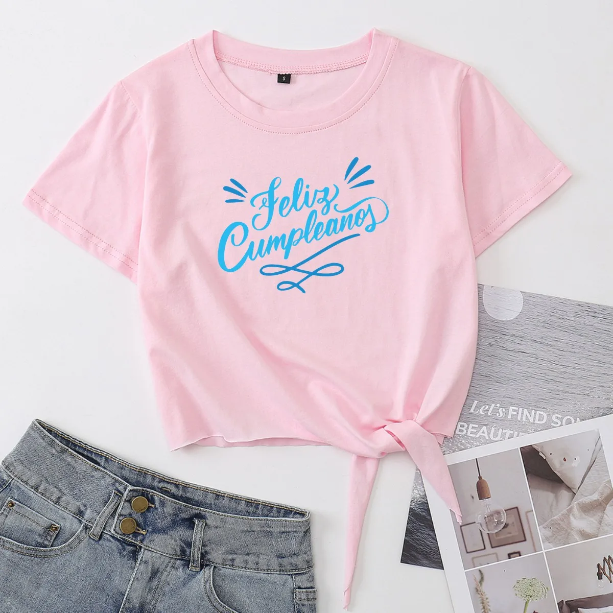

УКОРОЧЕННЫЙ ТОП Feliz Cumpleanos с узлом, женская летняя хлопковая футболка с коротким рукавом, укороченные топы, графическая футболка с узлом спер...