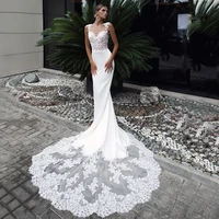 elegant sleeveless mermaid wedding dresses lace applique backless white bridal gown satin court train gergeous vestidos de novia