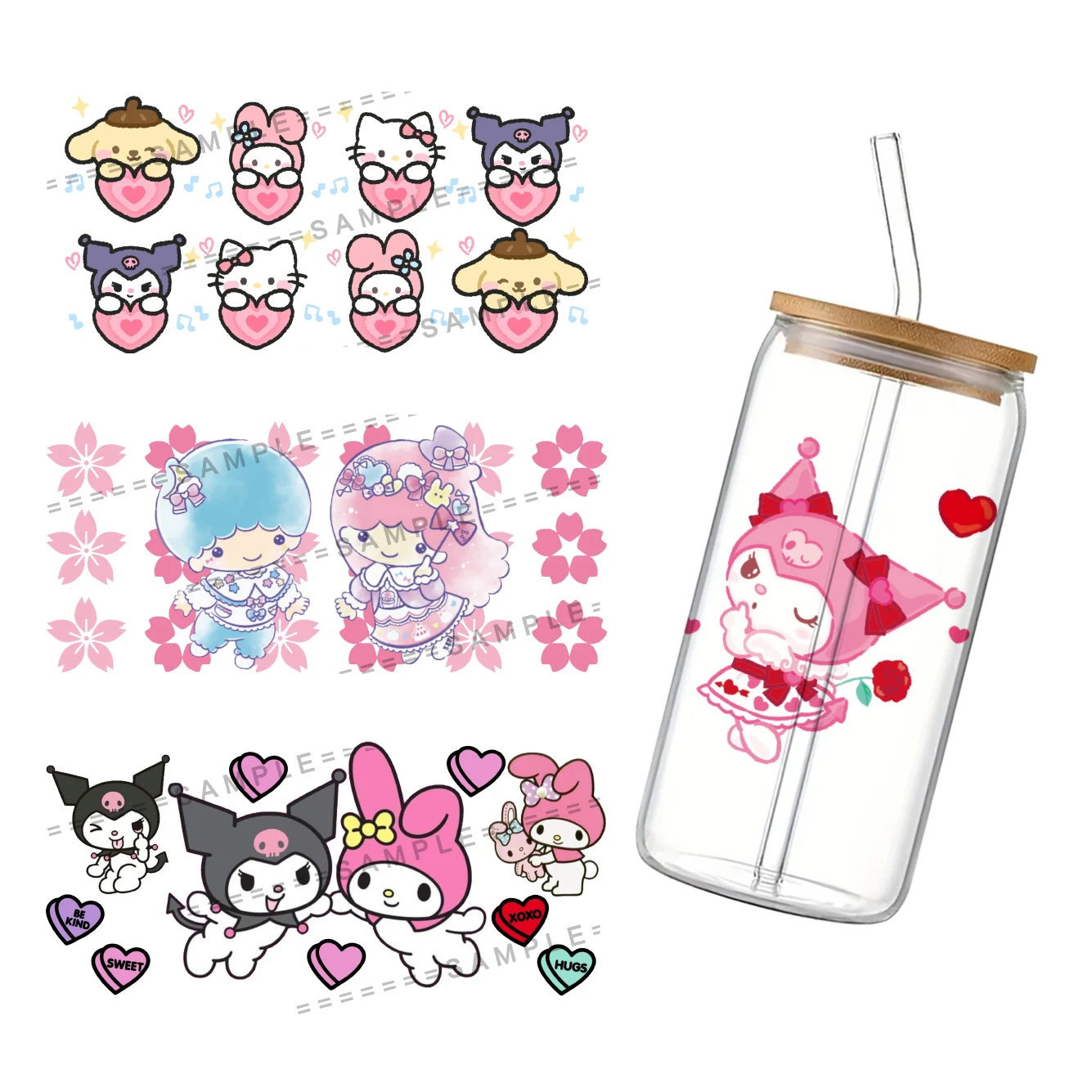 11x24 см Sanrio День святого Валентина Мелодия и Каруми наклейка на чашку 16 унций УФ DTF