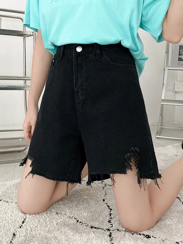 New Spring Summer Women Hole Raw Hem Black Denim Shorts Streetwear Female High Waist Frayed Jeans Shorts Bottoms