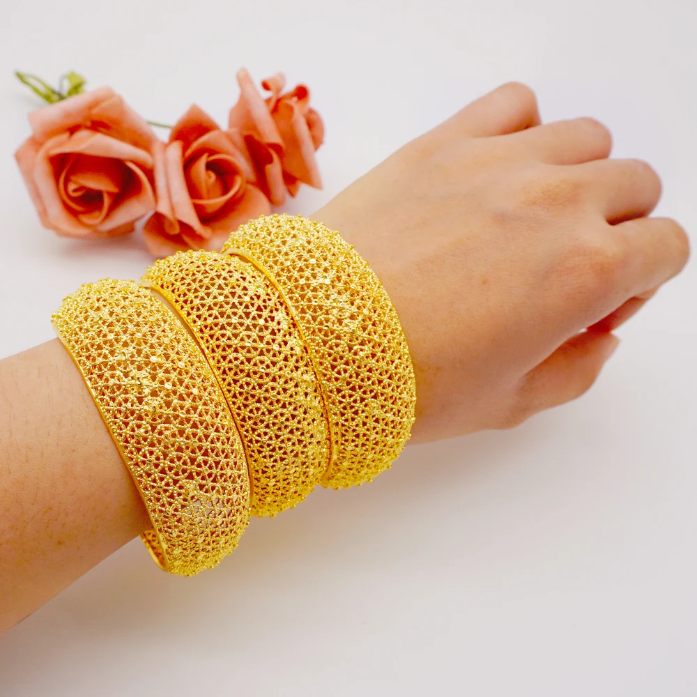 

Bangls 3Pcs/lot Ethiopian Africa Gold Color Bangles For Women Hollow Out Bride Bracelet African Middle East Wedding Jewelry