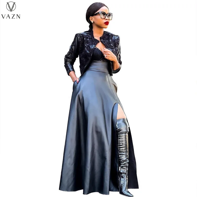 2021 осеннее классическое черное кожаное длинное платье с высокой талией от VAZN -