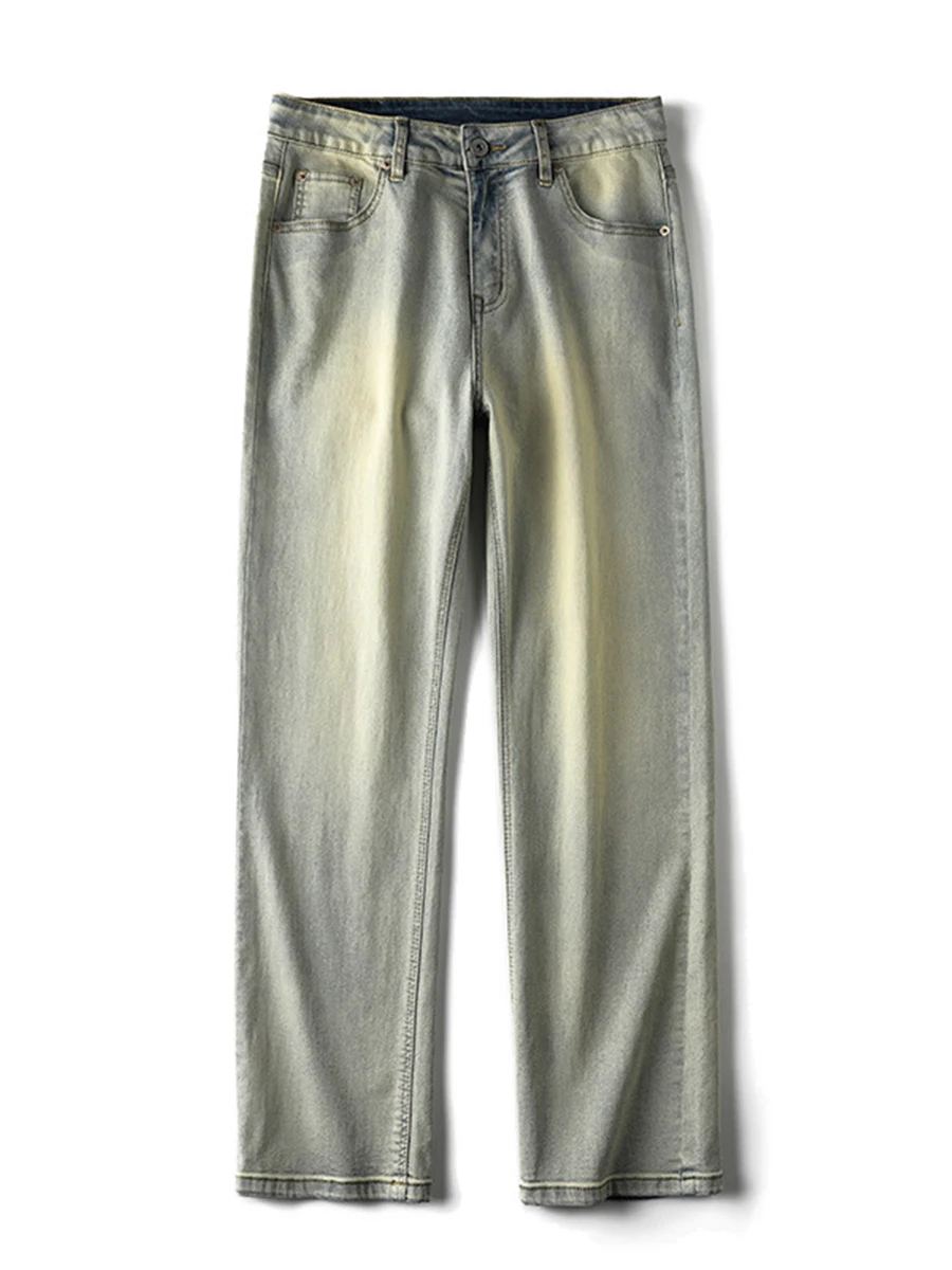 Four Seasons Men's Jeans Washed Distressed Stretch Vibe High Street Yellow Mud Dyed Y2k Men Jeans Streetwear Men's Ins Hot Sale