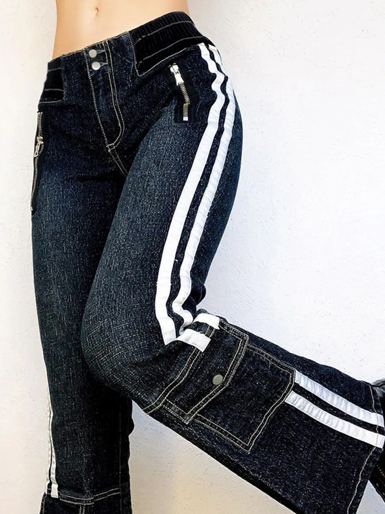

WeiYao 2022 New In Y2K Jeans Woman Side Stripe Slim Elastic Low Waist Denim Pants Pockets Stitched Streetwear Tech Cargos