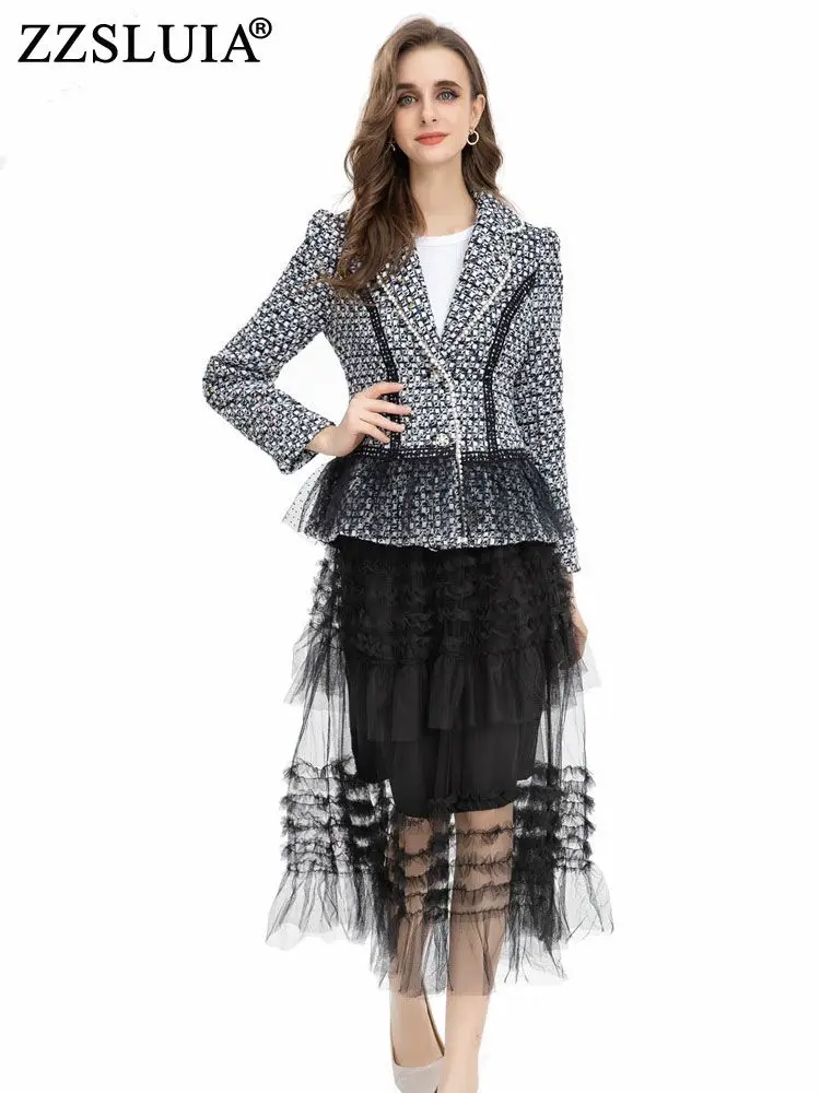 

ZZSLUIA Elegant Skirts Suits For Women Lace Designer Ruffles Tweed Coats +Mesh Skirts Twinset Fashion Outfit Female Clothing Set