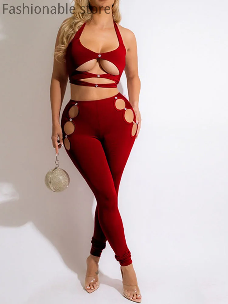 

Women Sexy Hollow Out Sleeveless Crop Top And High Waist Skinny Pants Set