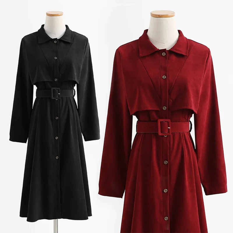 

Vintage Corduroy Jurken Vrouwen 2022 Lente Mode Single-Breasted Bandage Vestidos Koreaanse Lange Jurk A-lijn Midi Jurk