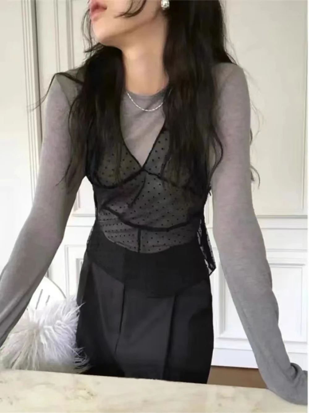 Корейский стиль Instagram кружевное волнистое платье на бретельках женское Сетчатое