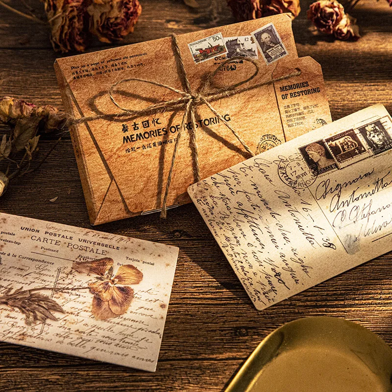 

30 Pcs/box Retro Vintage Memories Manuscript English Phrases Bullet Journaling Accessories DIY Material Greeting Postcard