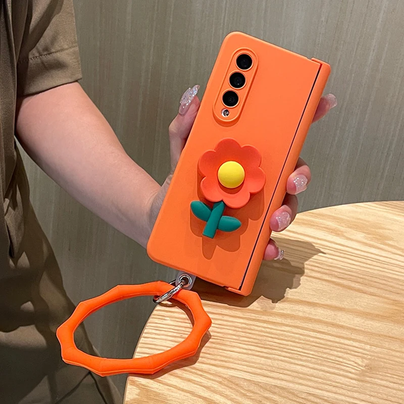 

Cute 3D Flower Hard PC Slim Phone Case For Samsung Galaxy Z Fold 5 ZFold 4 3 Portable Bangle Hang Silicone Big Ring Orange Cover