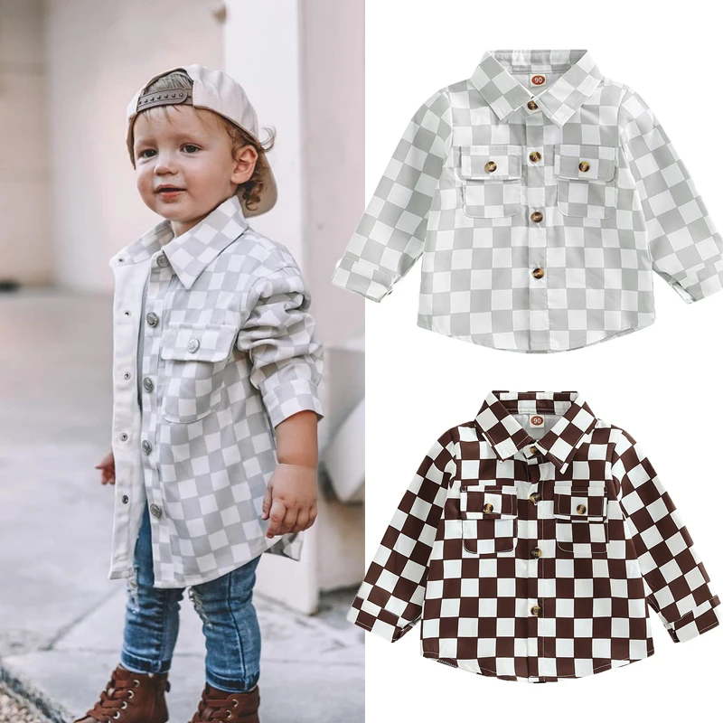 

1-5years Checkerboard Clothing Children Outwear Autumn Fashion Collar Sleeve Print Long Boys Tops Shirts Turn-down Blouse Button