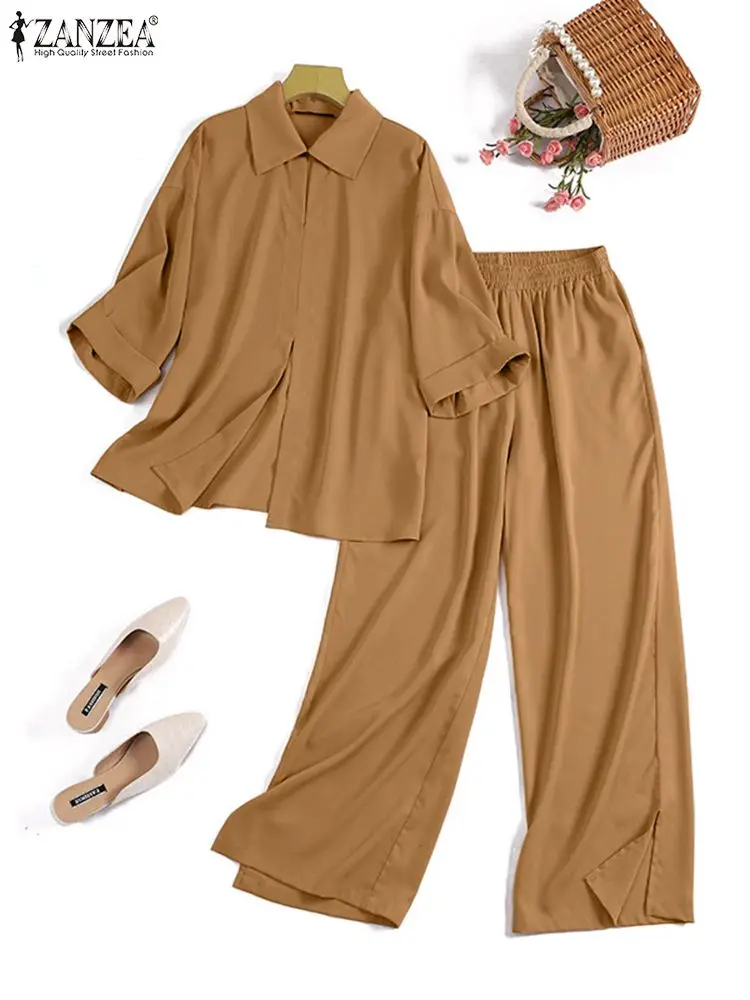 

Модные женские брюки, комплекты из 2 предметов, уличная одежда ZANZEA, офисные женские спортивные костюмы, весна-лето 3/4, Длинные костюмы с рукавом