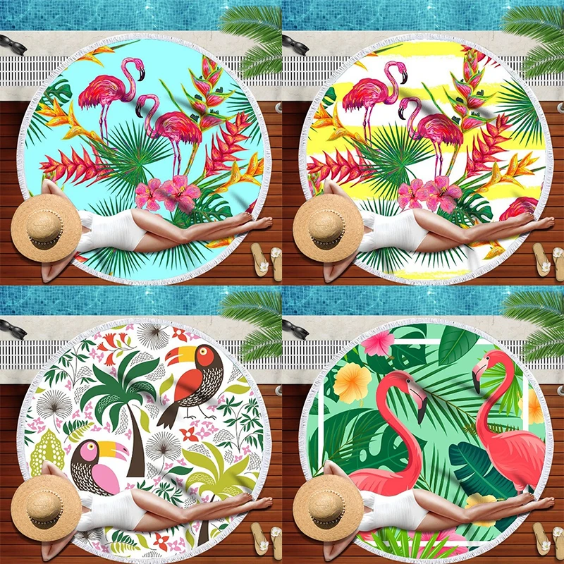 

Flamingo Green Leaf Round Beach Towel Bath Towel Cleaning Superfine Fiber Turkish Beach Towel Quick-Dry150x150cm Round Knitted