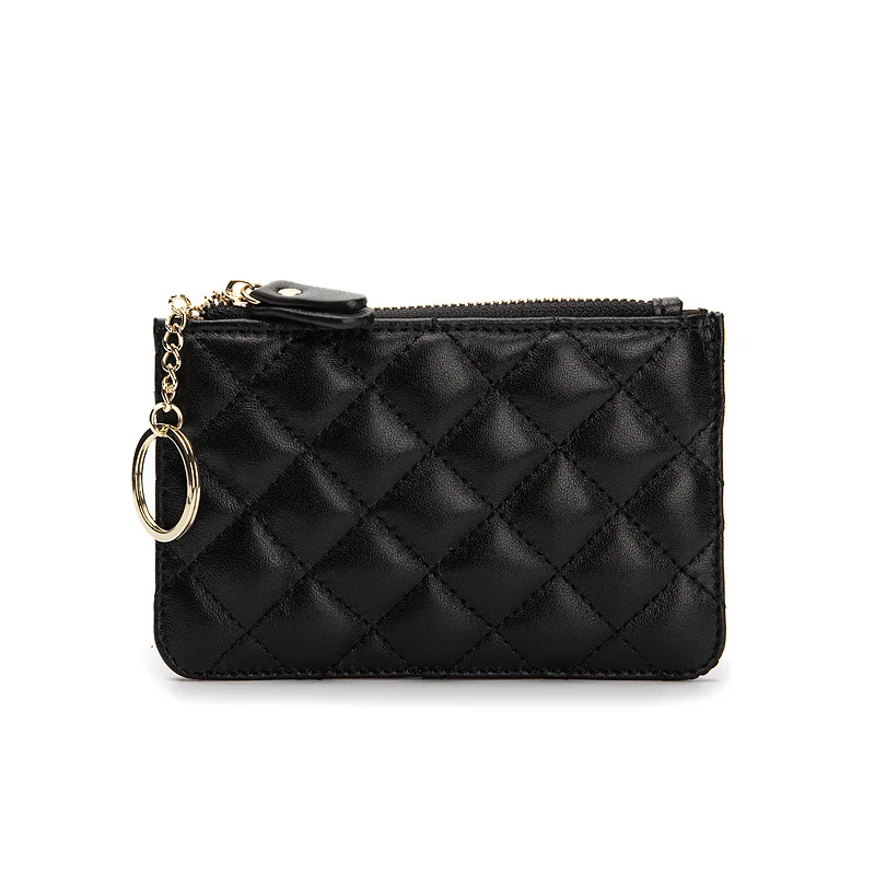 Women Sheepskin Zip Coin Wallet Key Chain Fashion Small Purse Money Designer Diamond Pattern Short Change Pouch Coin Purse