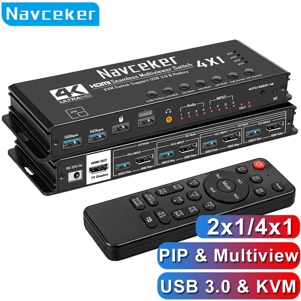Фото 4-портовый HDMI KVM-переключатель USB 3.0 4K Quad MultiViewer HDMI 4x1 с функцией PIP, бесшовное переключение между 4 ПК и 1 монитором, совместное использование клавиатуры и мыши №1