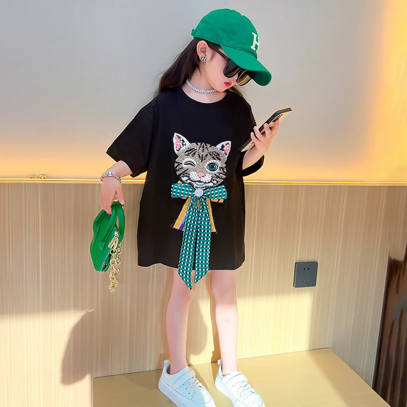 Летняя длинная футболка для девочек детское платье-футболка детские топы