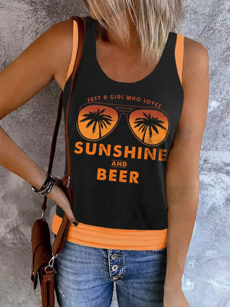 

Just A Girl Who Loves Sunshine And Beer Tank Summer Trendy Beach Tank Vacation Sleevele Shirts Women Fashion Casual Vintage Top