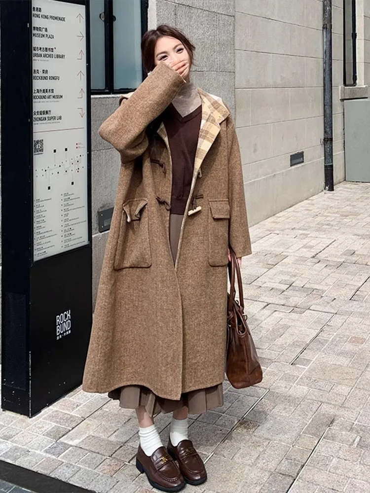 Шерстяная куртка с капюшоном и пуговицами в южнокорейском стиле того же стиля