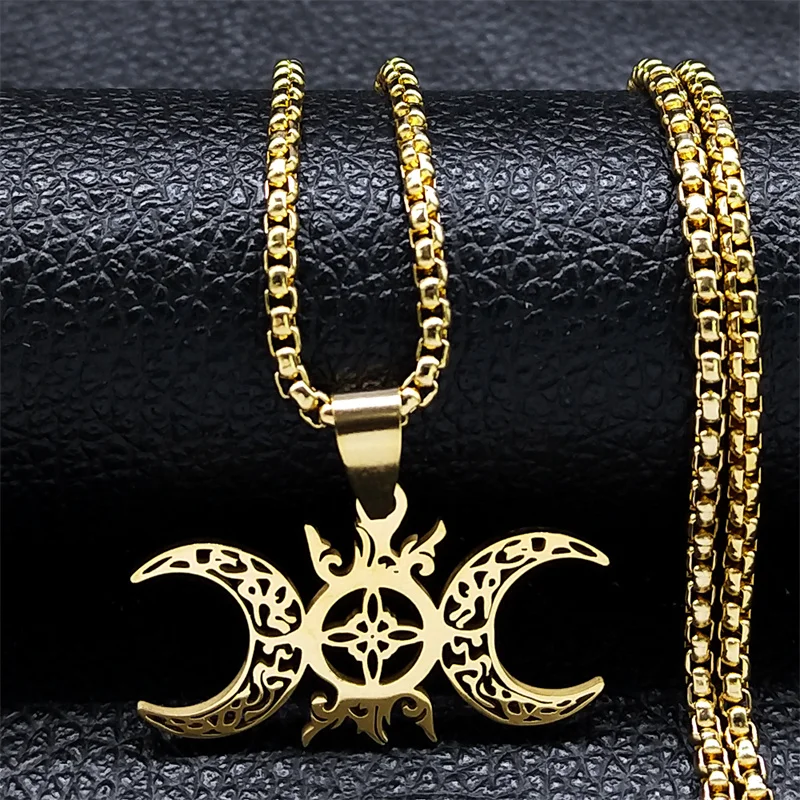 

Wicca Celtic Knot Triple Moon Goddess Necklace Stainless Steel Gold Color Witch Amulet Chain Necklaces Pagan Jewelry collar