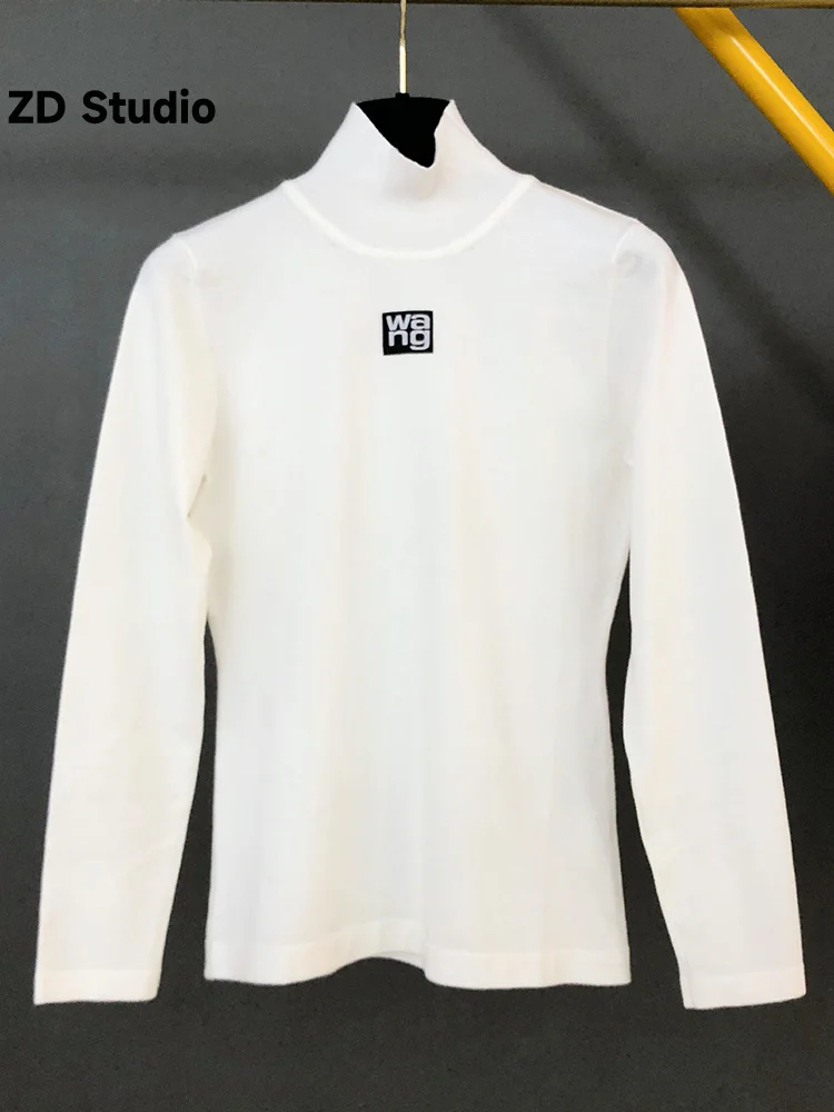

[ZD Studio] New Slim High Neck Black Long-sleeved Thin Knit Women's Letter Sweater Bottom
