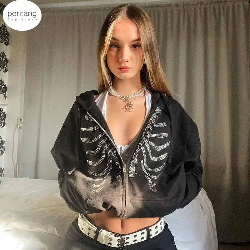 

Rhinestone Skeleton Hoodies Women Gothic Black Zip Up Oversized Sweatshirts Harajuku Skulls Hooded Jacket Autumn Streetwear