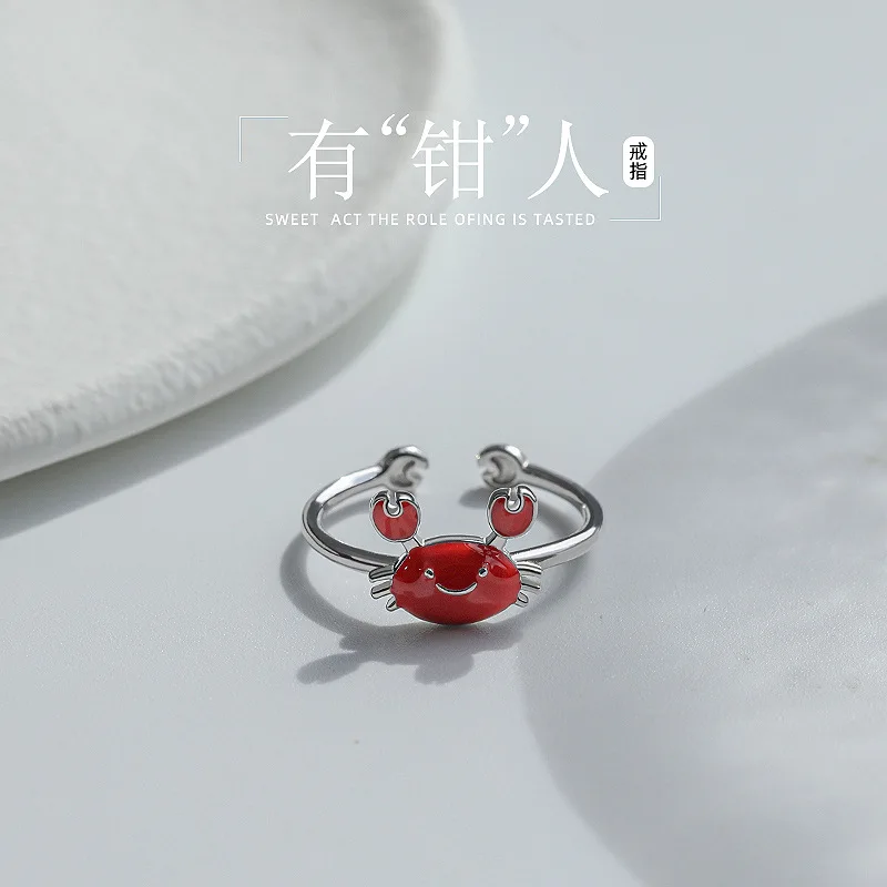 

925 Sterling Silver Cartoon Cute Red Crab Shape Rings for Women Girls Gold Color Personality Creative Design Fine Jewelry Gifts