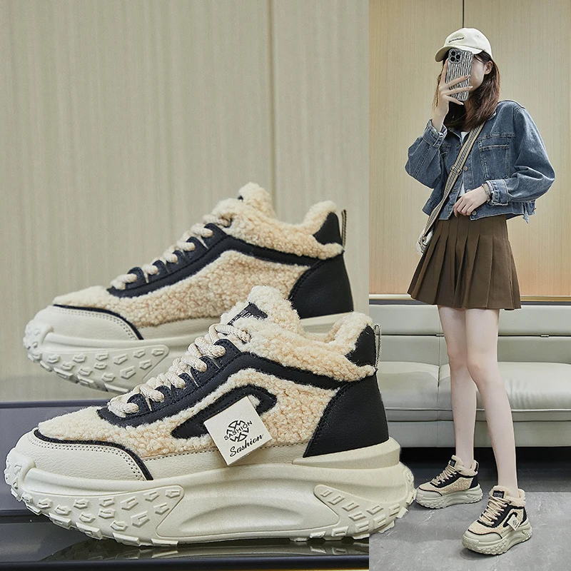 

New Women Fashion Sport Running Shoes Walking Gym Athletic Plush Warm Fluffy Lightweight Comfortable Non Slip Sneakers