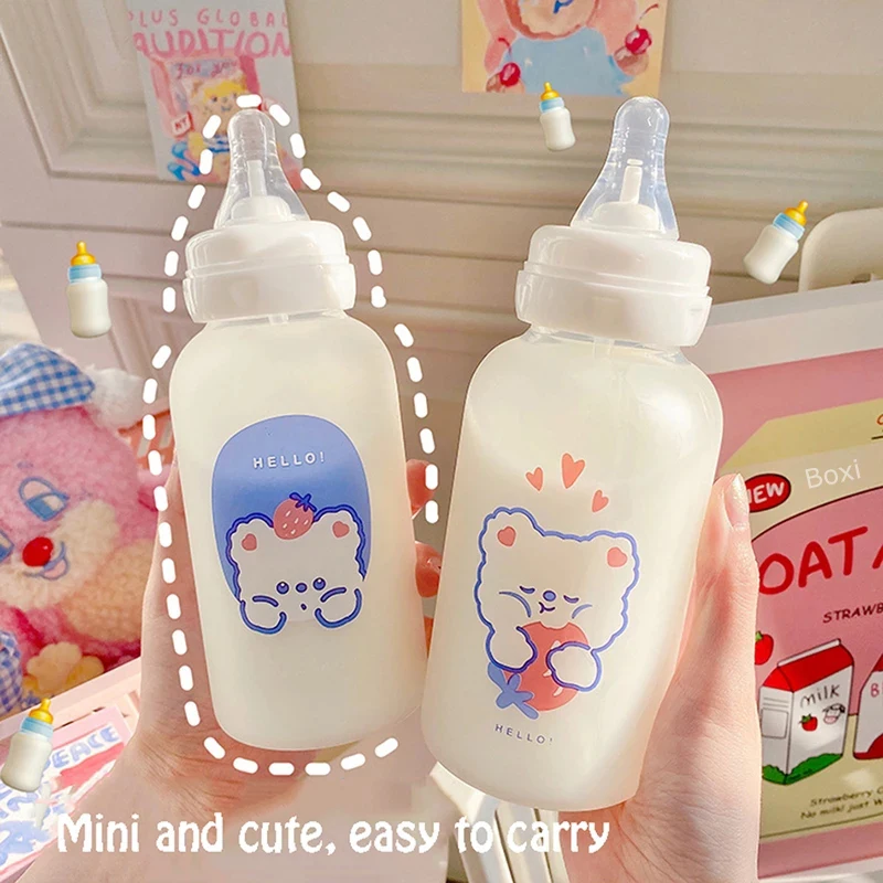 

Pacifier Cute Bear Glass Cartoon Strawberry Water Bottle Straw Cup For Adult Children Milk Frosted Bottle Baby Feeding Bottles