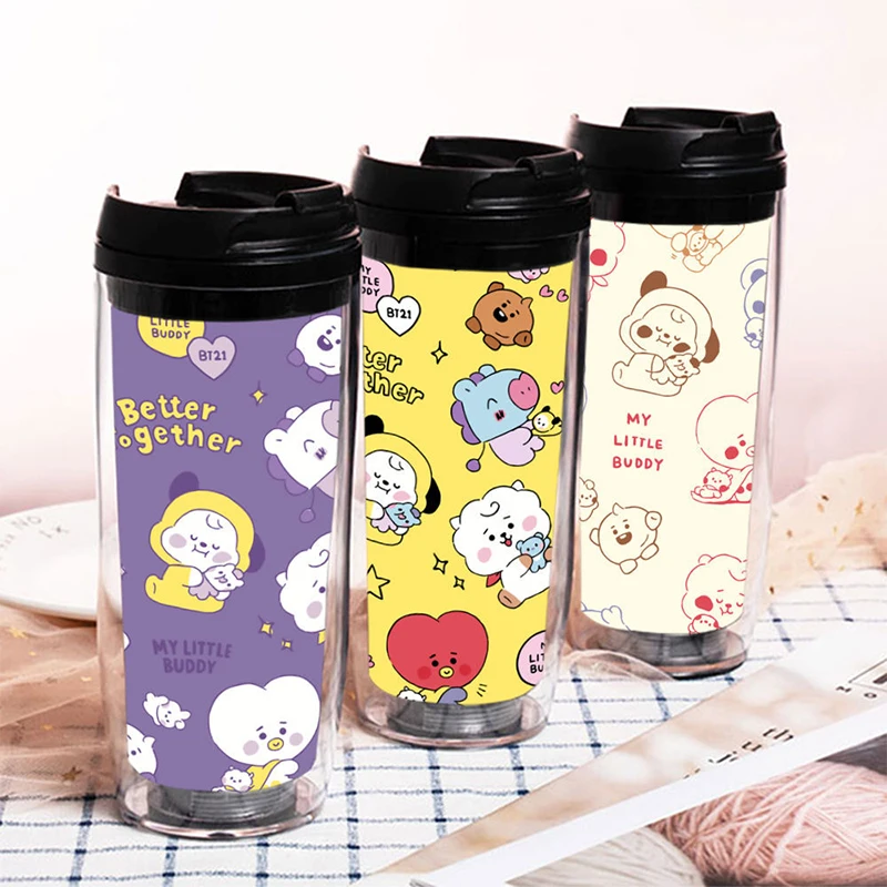 

BTS милый аниме Kpop CHIMMY TATA COOKY бутылка для воды Bt21 RJ SHOOKY MANG KOYA кофейная чашка Изолированная чашка с откидной крышкой портативная