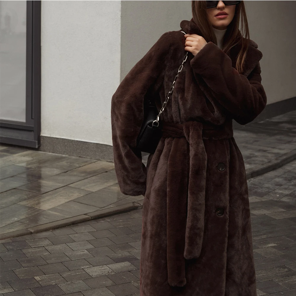 2022 Autumn Winter Fashion Warm Imitation Rabbit Fur Coat Elegant Temperament Double-breasted Belt Mid-length Womens Jacket