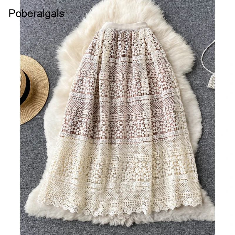 

Women vintage lace maxi Skirt Fashion Korean High Waist A-line Skirts 2022 New Spring solid Loose Casual white long Skirts