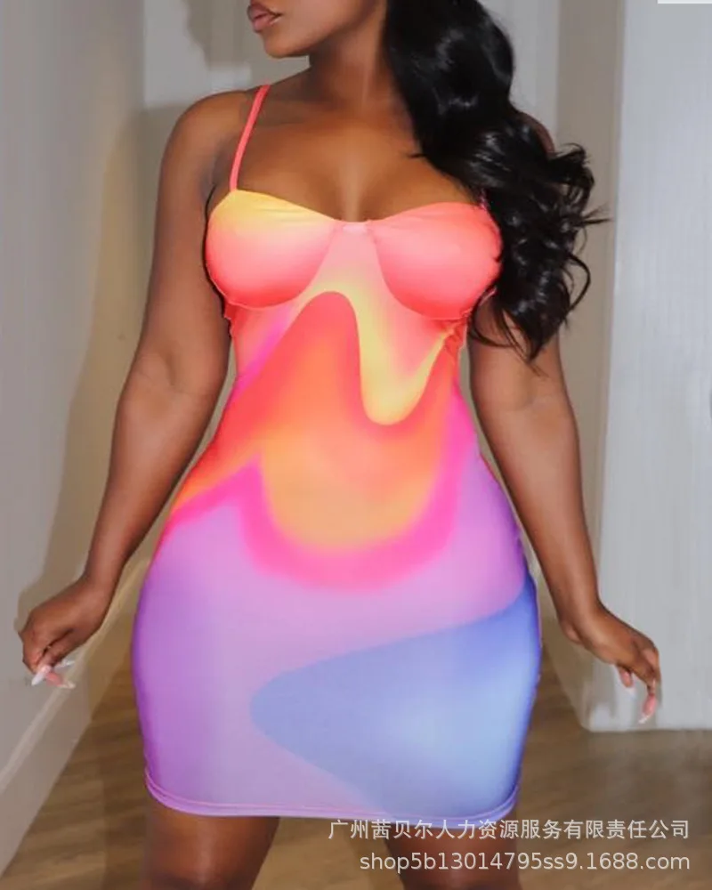 

Women Dress Color Gradient Sling Fashion Temperament High Waist Hip Fashion Sexy Color Mini Short Spring And Summer