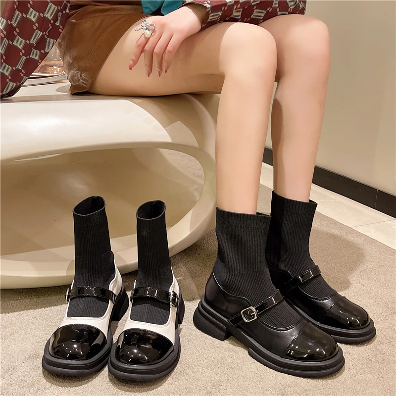 

Женские ботинки, женская обувь, осенние ботинки-женские ботинки с круглым носком, рок-кожа, до середины икры, 2022, Резиновая, средней длины, ри...